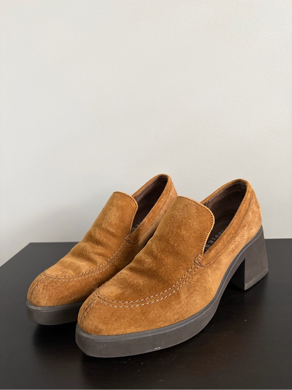 Hush Puppies Suede Platform Loafer Heels in Cognac Brown, Size 7.